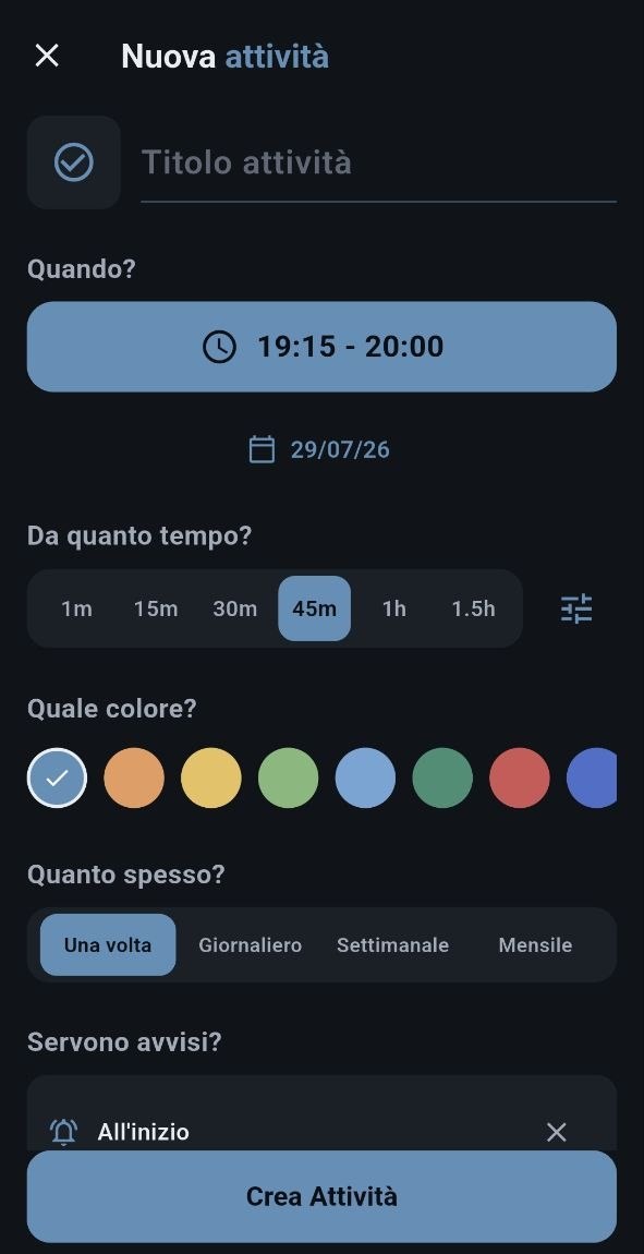 Schermata di creazione di un'attivita': titolo, fascia oraria, data, durata rapida, colore, frequenza di ripetizione e avvisi.