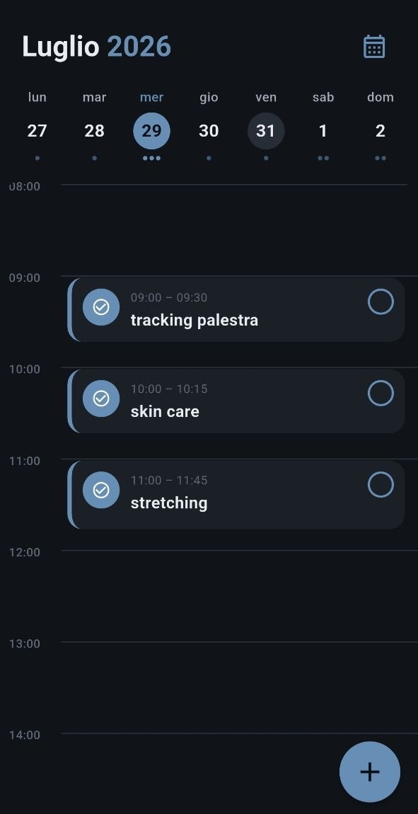 Timeline della giornata in Daily Routine: le ore con le attività tracciate, ognuna alta quanto la sua durata.