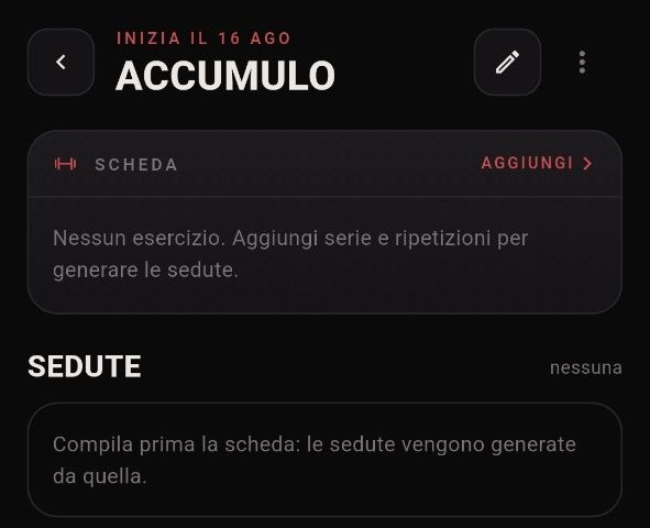 Lo stesso periodo senza esercizi: la scheda invita ad aggiungerli e la sezione Sedute avvisa che vanno generate dalla scheda.