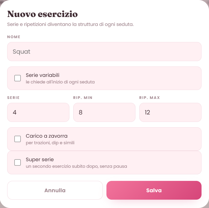 Modulo Nuovo esercizio di RosaLog: nome Squat, 4 serie da 8 a 12 ripetizioni e tre caselle, Serie variabili, Carico a zavorra e Super serie, tutte spente.