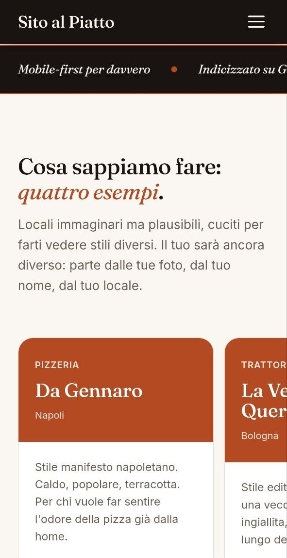 Sezione della vetrina intitolata “Cosa sappiamo fare: quattro esempi”, con le schede dei ristoranti dimostrativi.