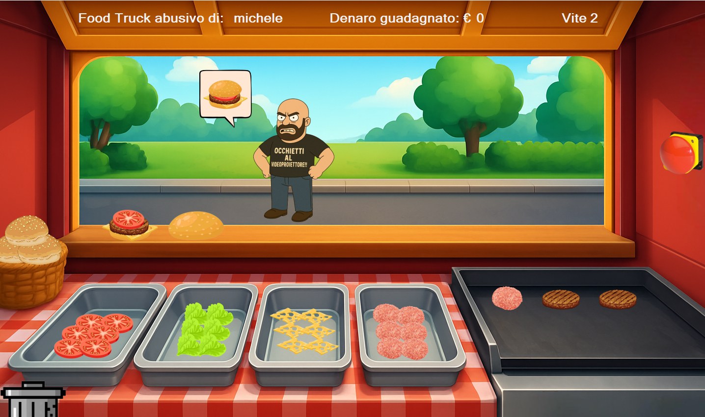 Una partita di Cheese Chase vista da dentro il food truck: un cliente al bancone con il panino richiesto nella vignetta, le vaschette di pomodoro, insalata, formaggio e carne, tre hamburger sulla piastra e in alto nome, denaro guadagnato e vite.