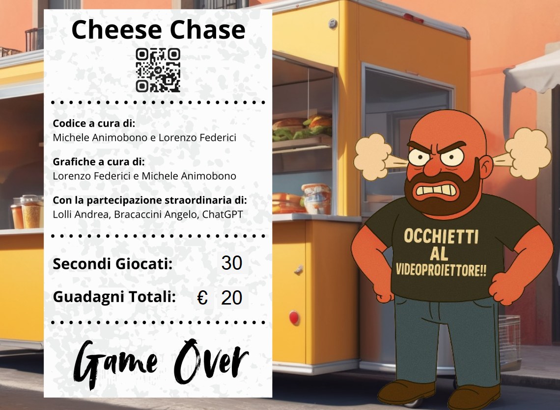 Schermata finale a forma di scontrino: titolo Cheese Chase, crediti di codice e grafiche, 30 secondi giocati, 20 euro di guadagni totali e la scritta Game Over, con accanto un cliente furioso.
