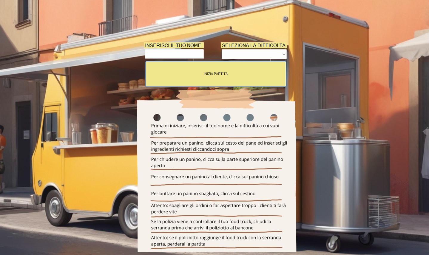 Menu iniziale di Cheese Chase: sullo sfondo un food truck giallo, in alto il campo del nome, la scelta della difficoltà e il bottone Inizia partita, sotto il foglio con le regole del gioco.