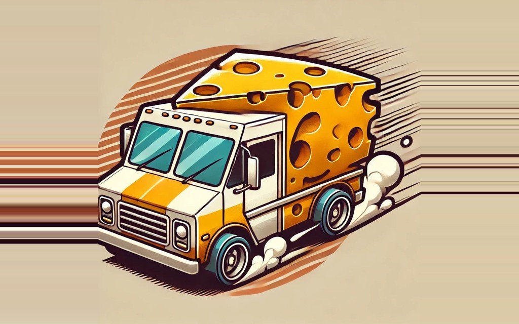 Logo di Cheese Chase: un furgone da street food con una grossa fetta di formaggio al posto del cassone, disegnato in corsa.