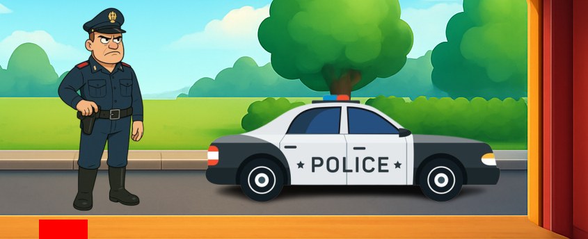 Il poliziotto in piedi accanto alla macchina della polizia davanti al bancone, con una barra rossa in basso a sinistra.