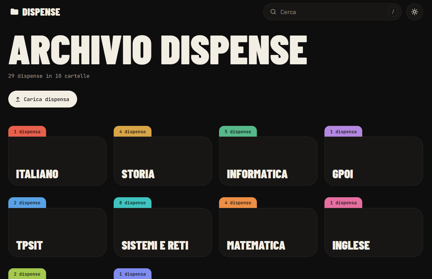 Pagina iniziale di dispensestudenti.it: titolo Archivio dispense e cartelle colorate per materia.
