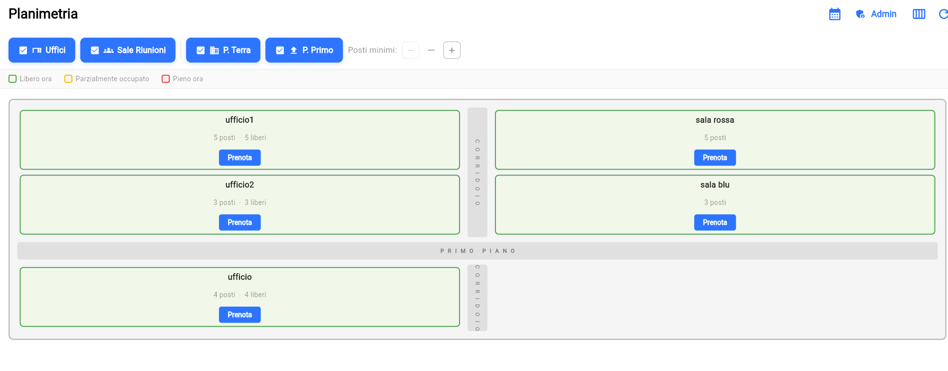 La stessa piantina aperta nel browser con il tema chiaro: fascia dei filtri in alto, riquadri verdi degli uffici e delle sale divisi per piano.